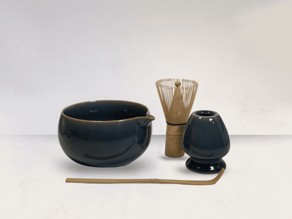 The midnight Matcha Tea set and Matcha powder of choice - Matcha Studio. Dark coloured matcha set with bamboo whisk and scoop