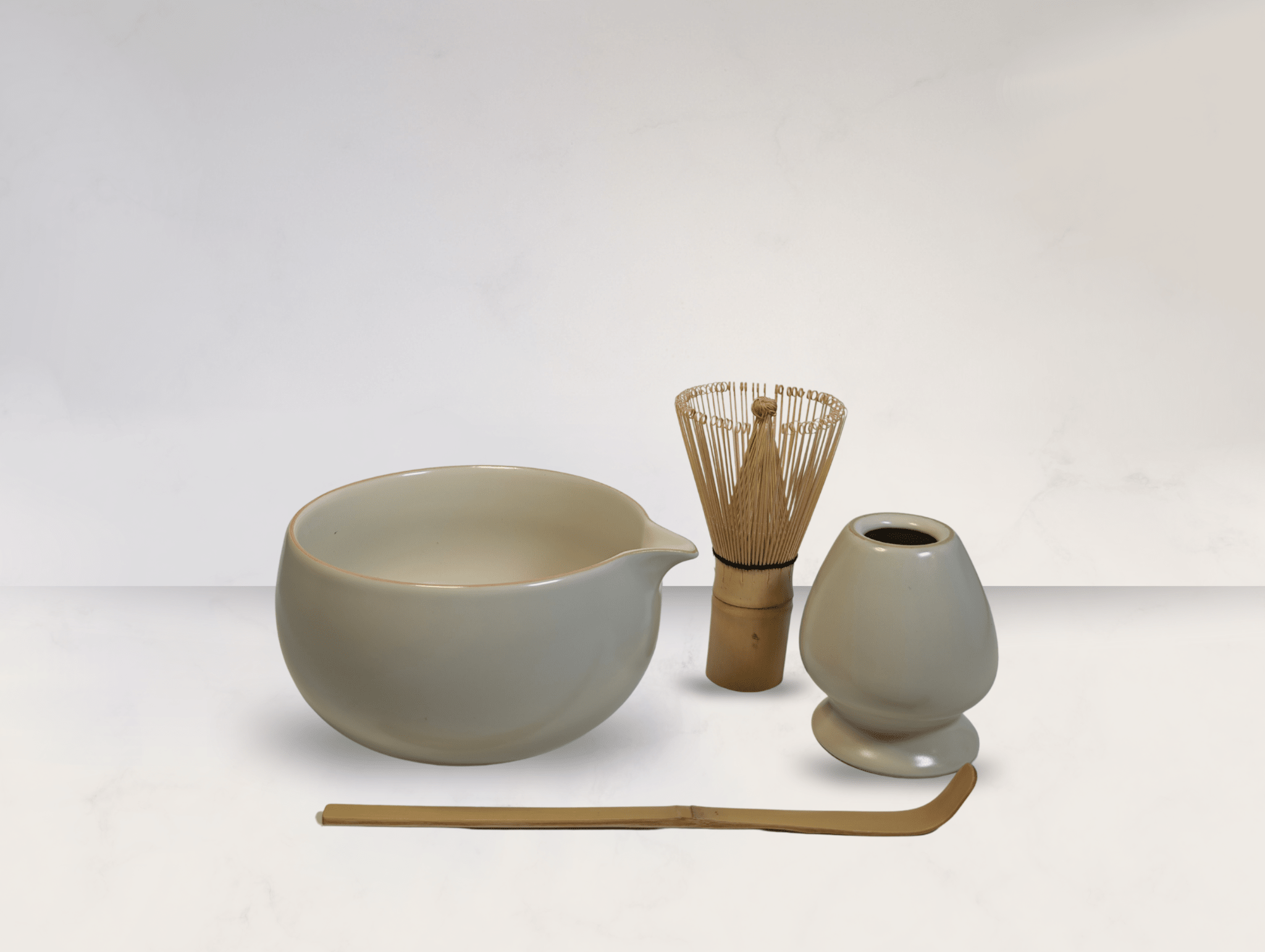 The Cloud Matcha Tea set and Matcha powder of choice - Matcha Studio. Cream coloured matcha set with a bamboo whisk and scoop